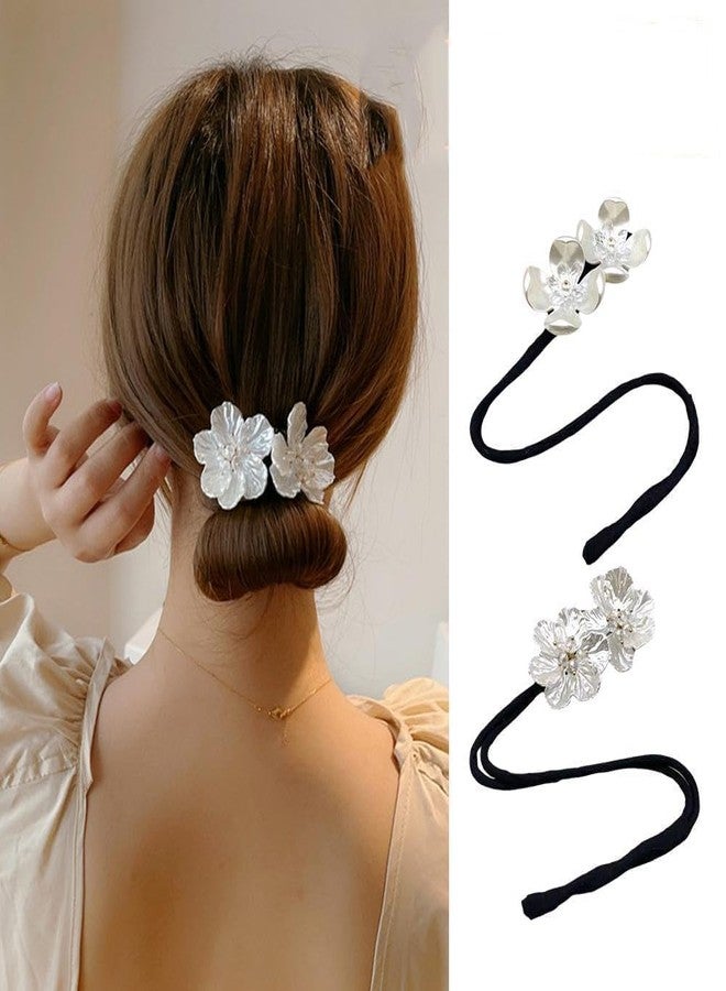 Rosojodg قطعتان من مشابك الشعر على شكل كعكة مزينة بزهور فضية لامعة، مشابك شعر على شكل كعكة، مشابك شعر على شكل كعكة طويلة وسميكة، مشابك شعر نسائية لتشكيل الكعكة والتاج، إكسسوارات للعناية بالشعر - Image 4